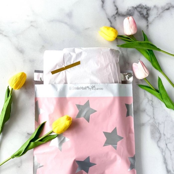 Silver Stars Pink Poly Mailers 10x13 Pack of 25 - Picture 2 of 2